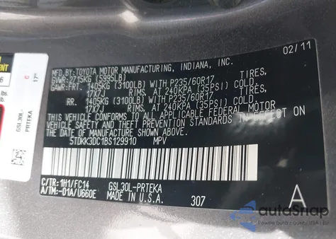 2011 Toyota Sienna Le V6 from USA, damaged, VIN 5TDKK3DC1BS129910